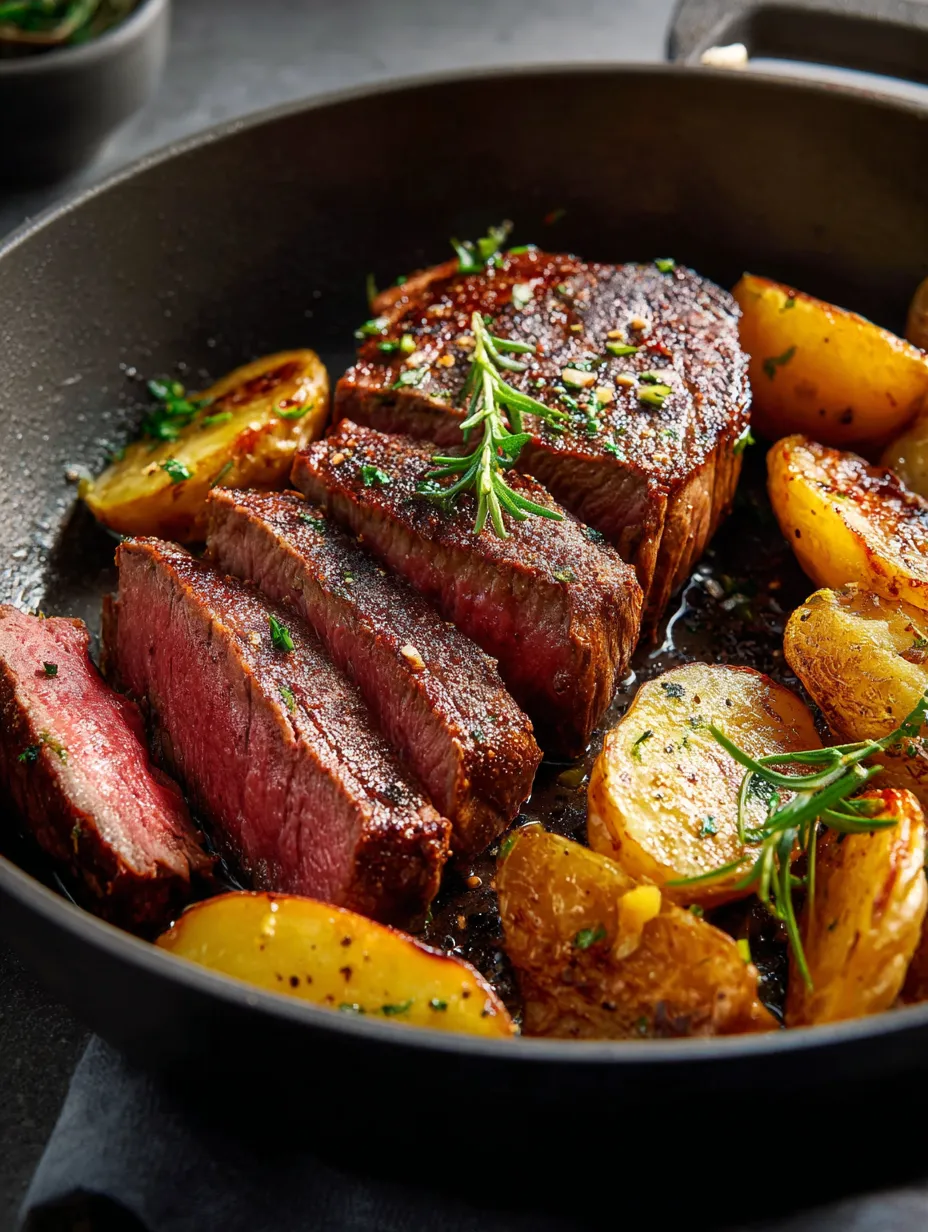 Eine Pfanne gefüllt mit Fleisch und Kartoffeln.