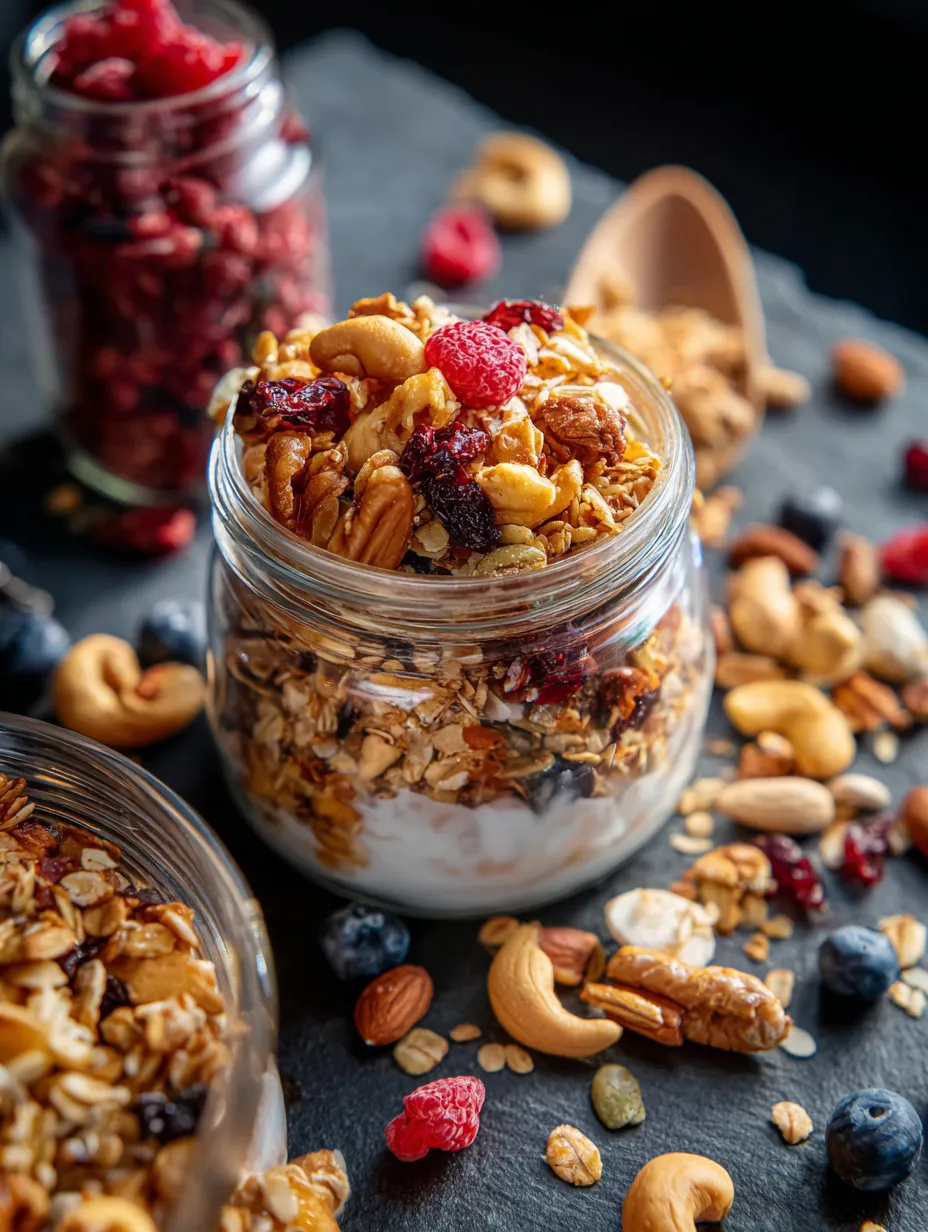 Ein Glas Müsli mit Nüssen und Beeren.