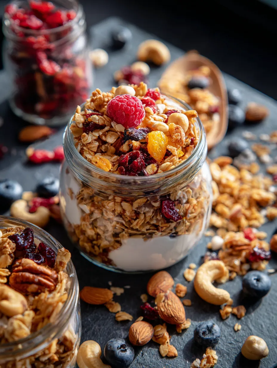 Ein Glas voll Müsli mit Beeren und Nüssen.