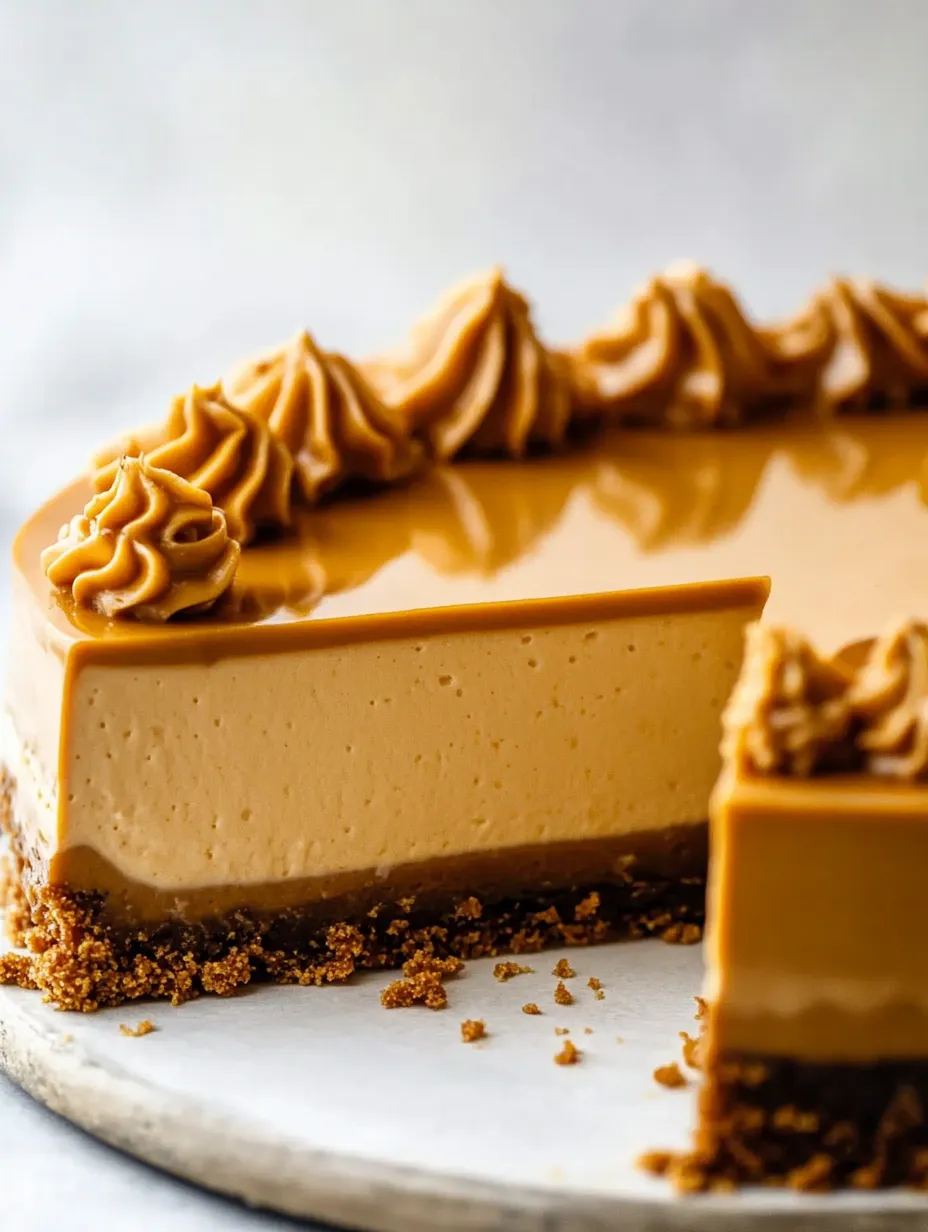Ein Stück Karamell-Cheesecake mit Topping.