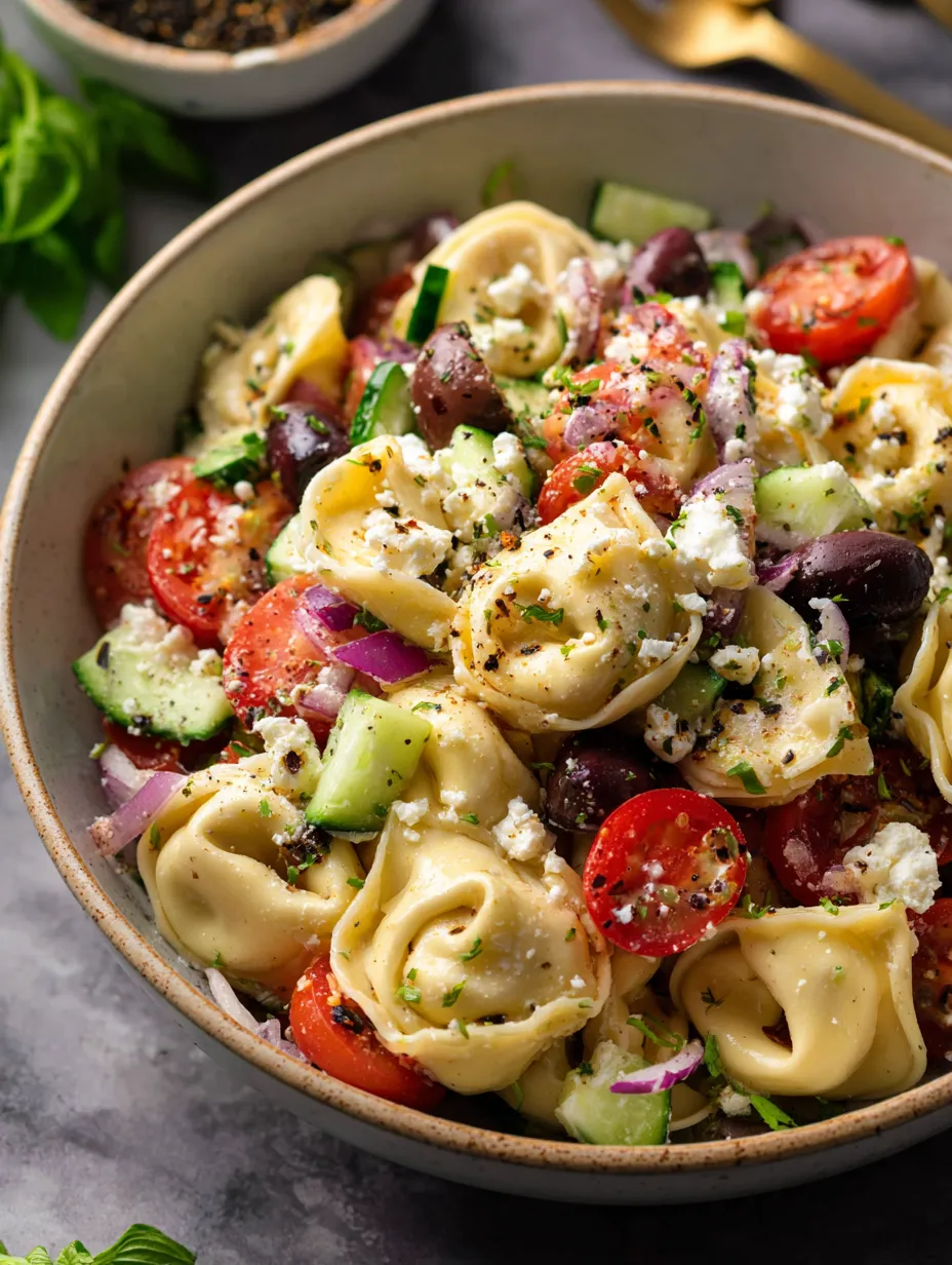 Schüssel mit Pastasalat, Tomaten, Gurken, Oliven und Feta.
