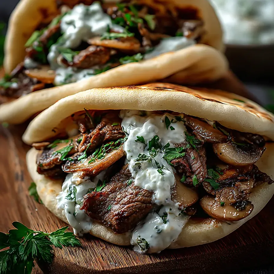 Zwei Sandwiches mit Fleisch und Pilzen auf einem Holztisch.