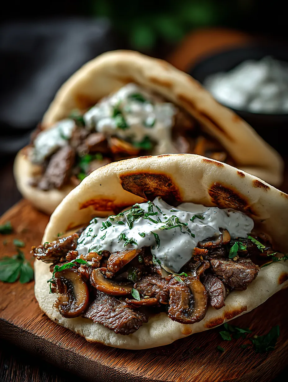 Zwei Gyro-Taschen mit Fleisch und Pilzen.
