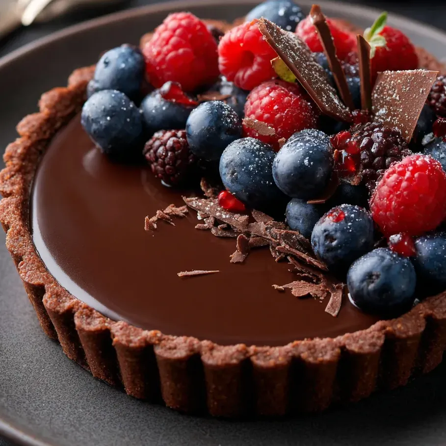 Ein Stück Schokokuchen mit Himbeeren obendrauf.