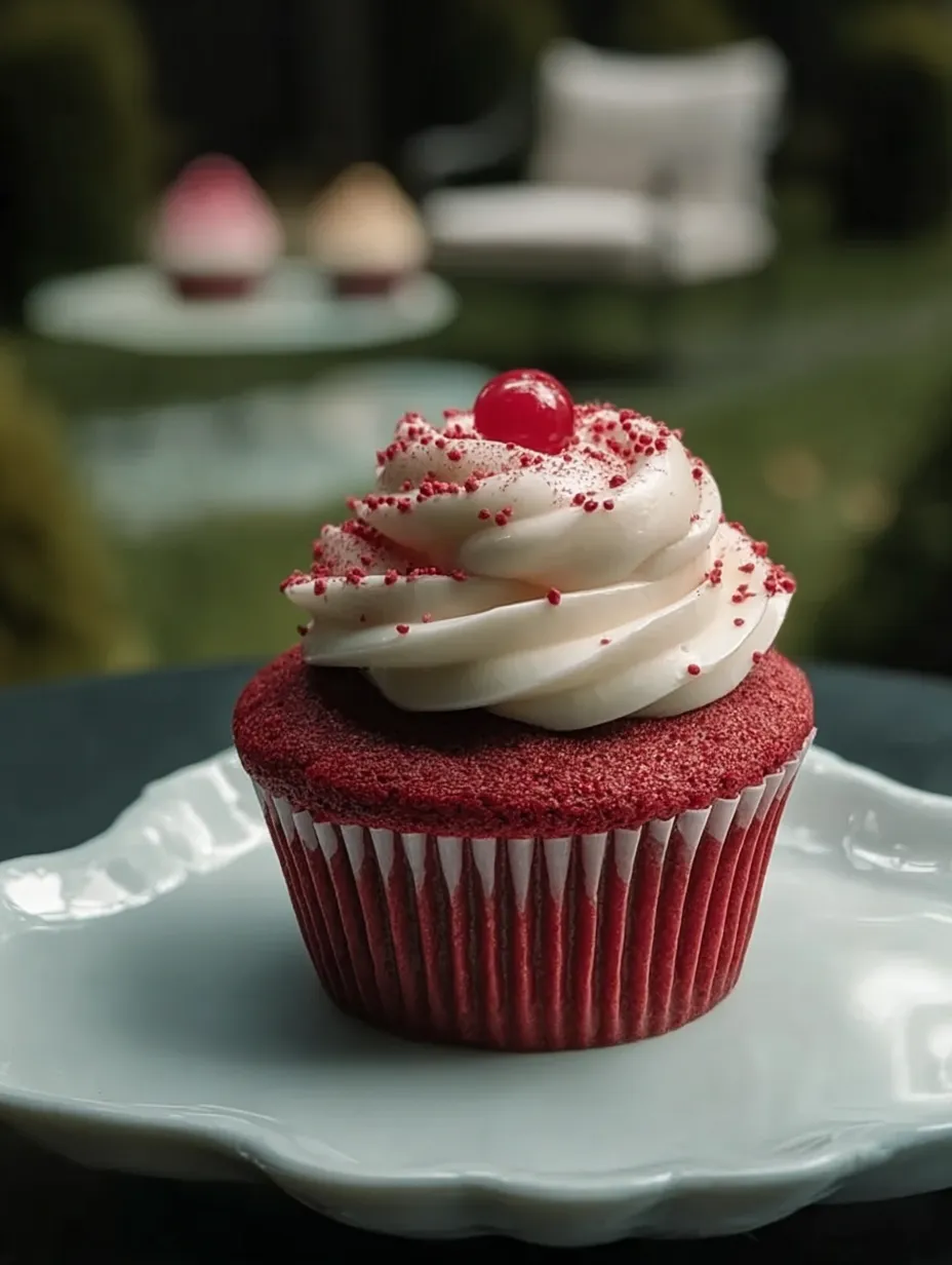 Ein Red Velvet Cupcake mit weißem Frosting und Kirsche als Deko.