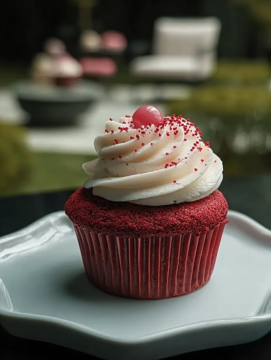 Ein roter Cupcake mit weißem Frosting und Kirsche obendrauf.