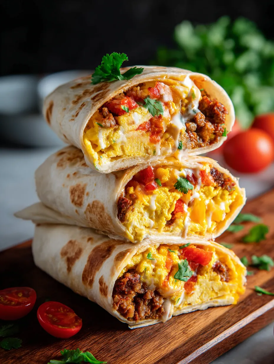 Ein Stapel aus drei Burritos mit Ei und Tomaten.
