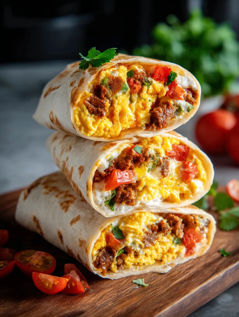 Ein Stapel aus drei Burritos mit Ei und Tomaten.