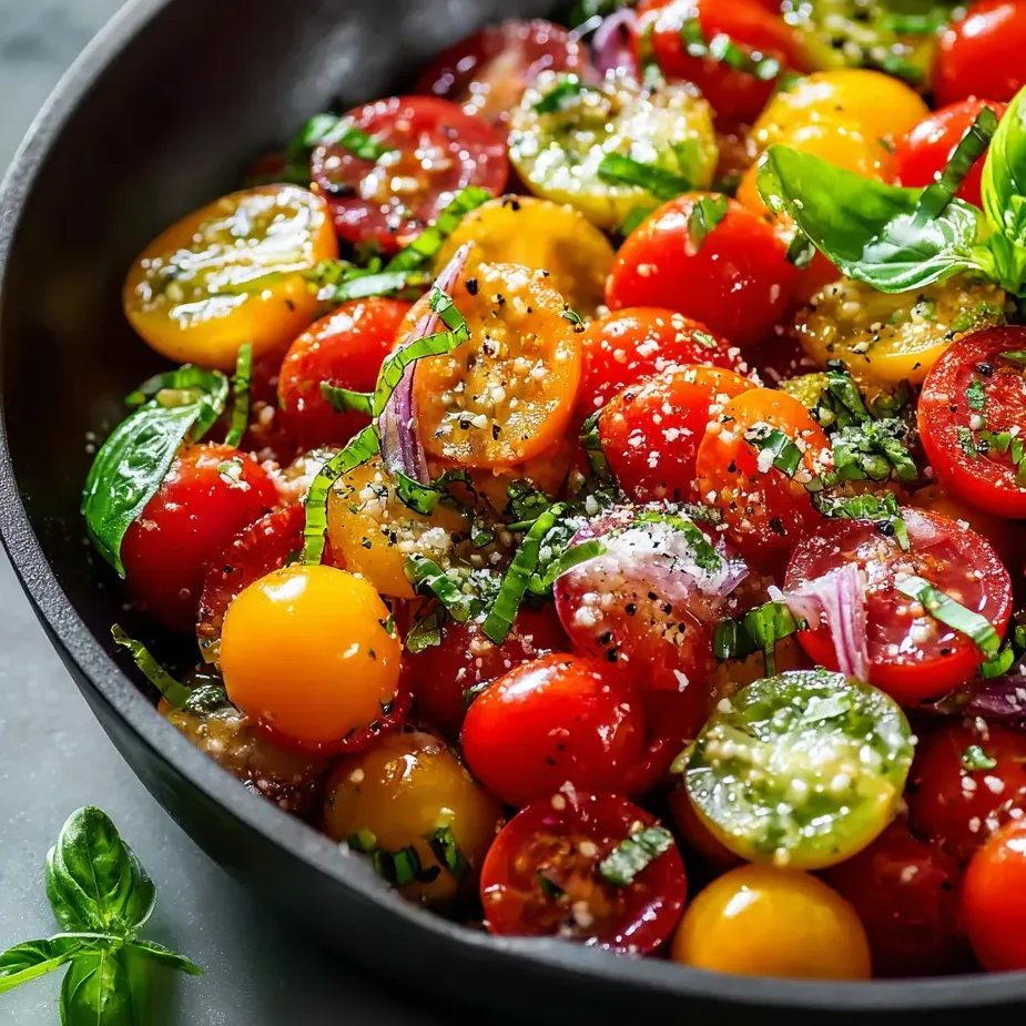 Schüssel mit Tomaten, Zwiebeln und Basilikum.