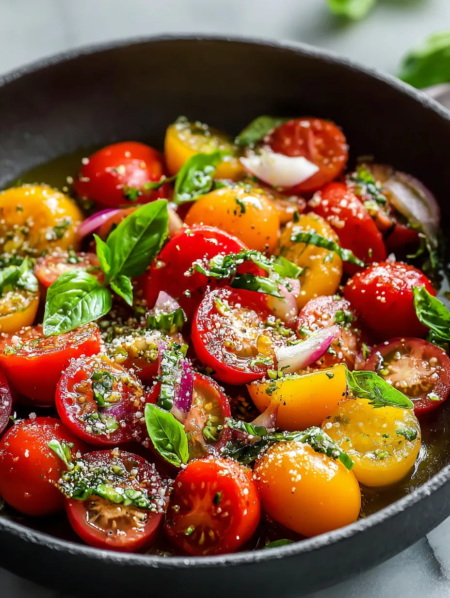 Eine Schüssel mit Tomaten, Zwiebeln und Basilikum.