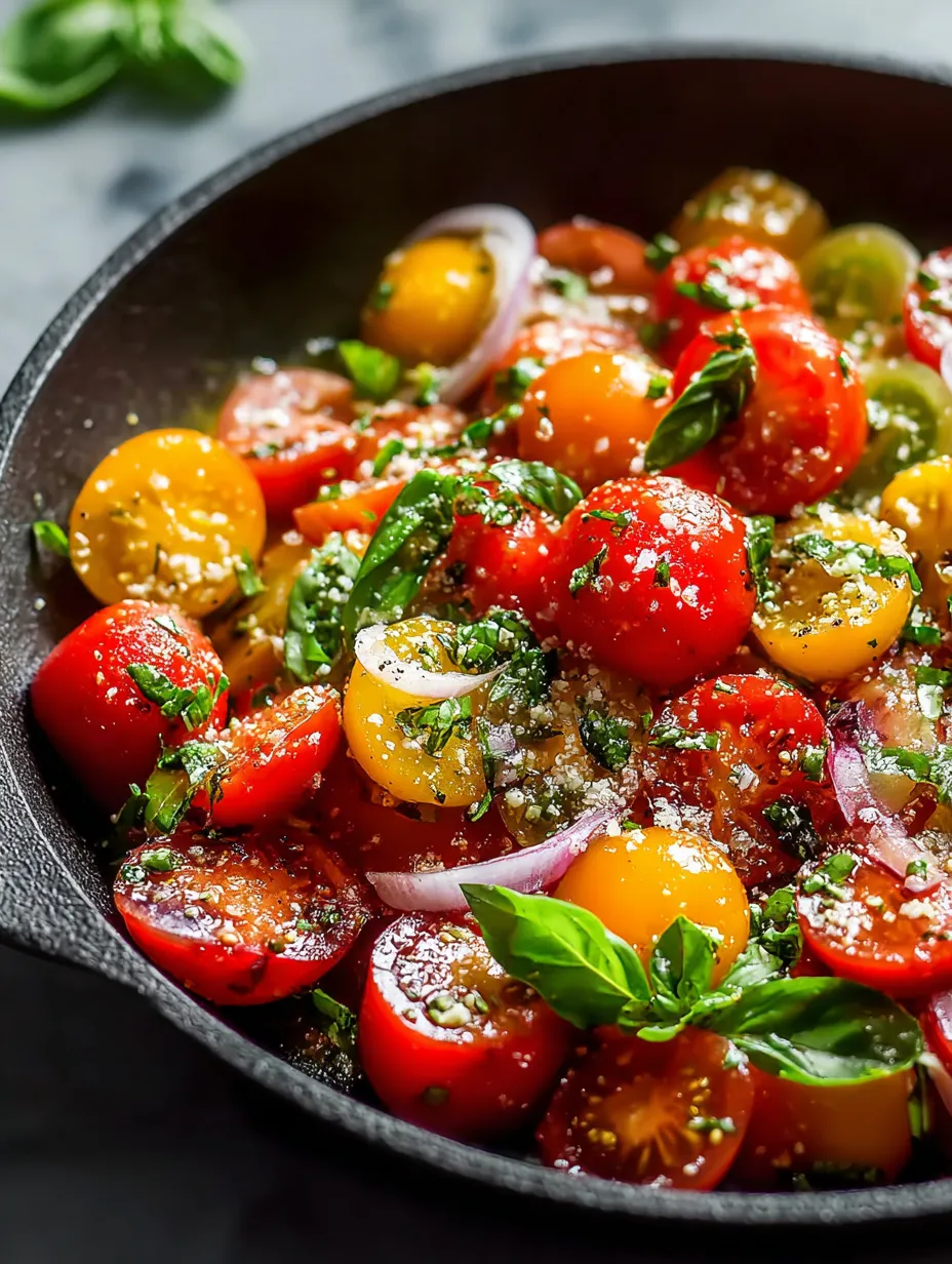 Eine Schüssel mit Tomaten, Zwiebeln und Basilikum.