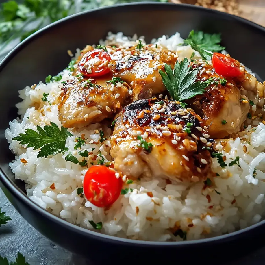 Eine Schale Reis mit Hähnchen und Tomaten.