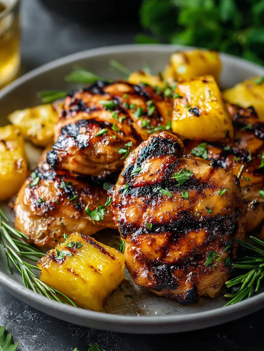 Ein Teller mit gegrilltem Hähnchen, Ananasstücken und frischen Kräutern.
