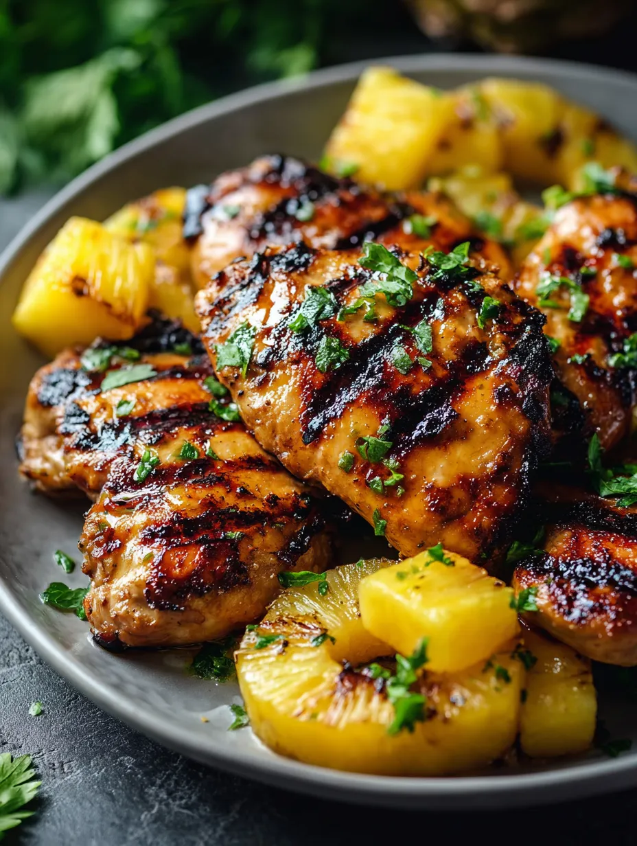 Ein Teller mit gegrilltem Hähnchen und Ananasstücken.