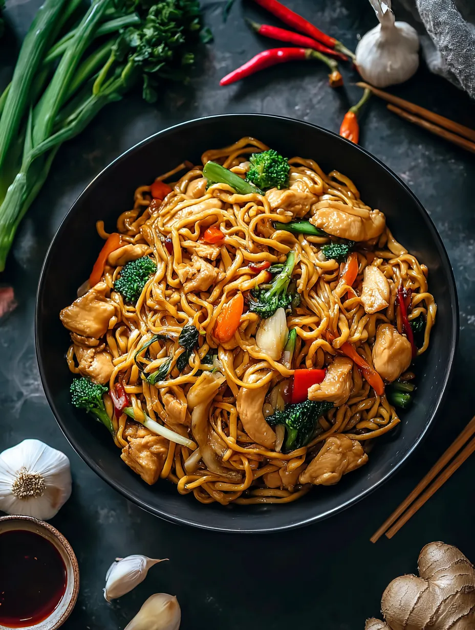 Eine Schüssel chinesisches Gericht mit Hähnchen, Brokkoli, Karotten und Paprika.