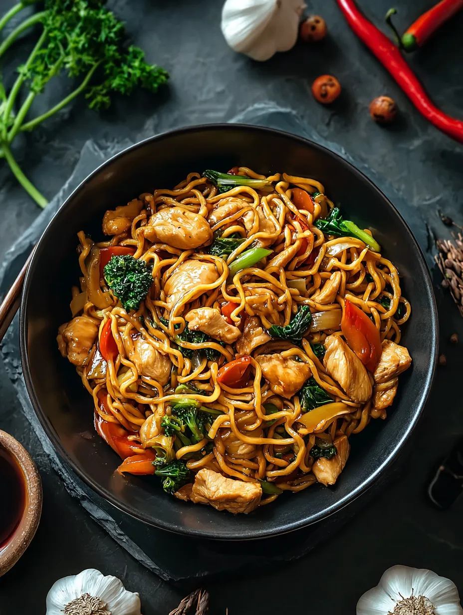 Eine Schüssel chinesisches Essen mit Nudeln und Gemüse.
