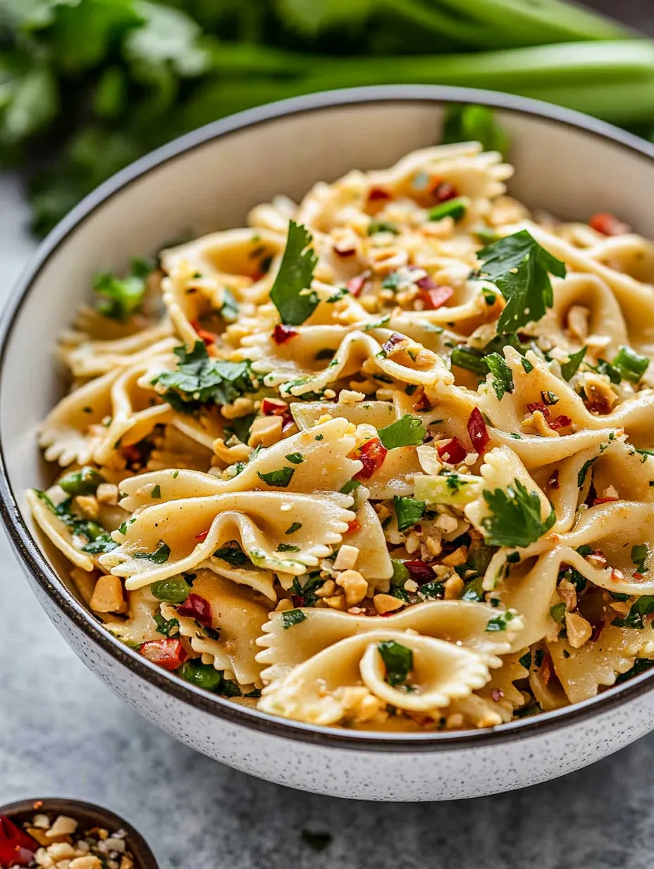 Eine Schüssel Pasta mit roten Paprika und Kräutern.