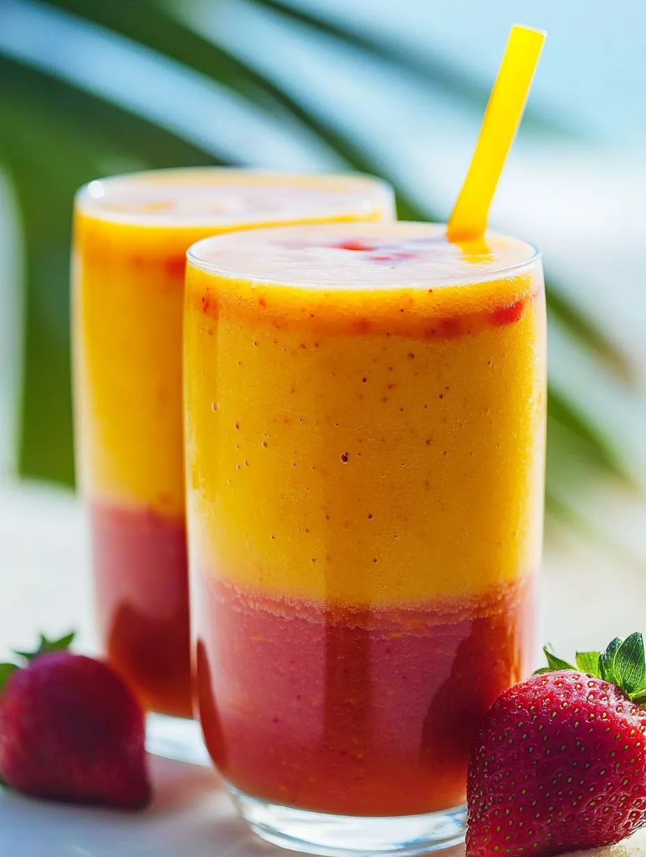 Zwei Gläser O-Saft, daneben frische Erdbeeren.