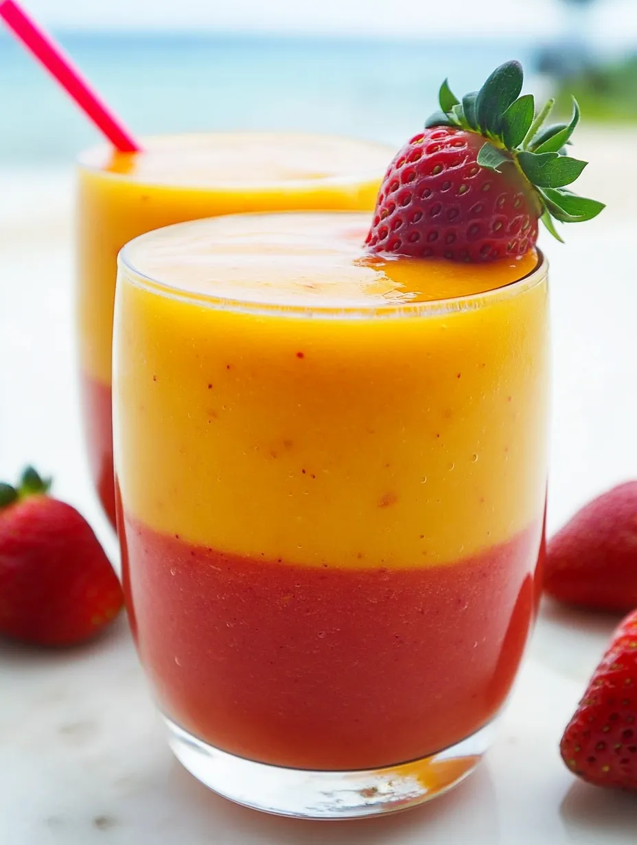 Zwei Gläser mit O-Saft, oben drauf Erdbeeren.