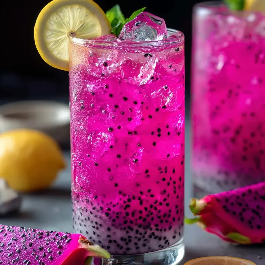 Ein Glas rosa Drink mit Zitronenscheibe.
