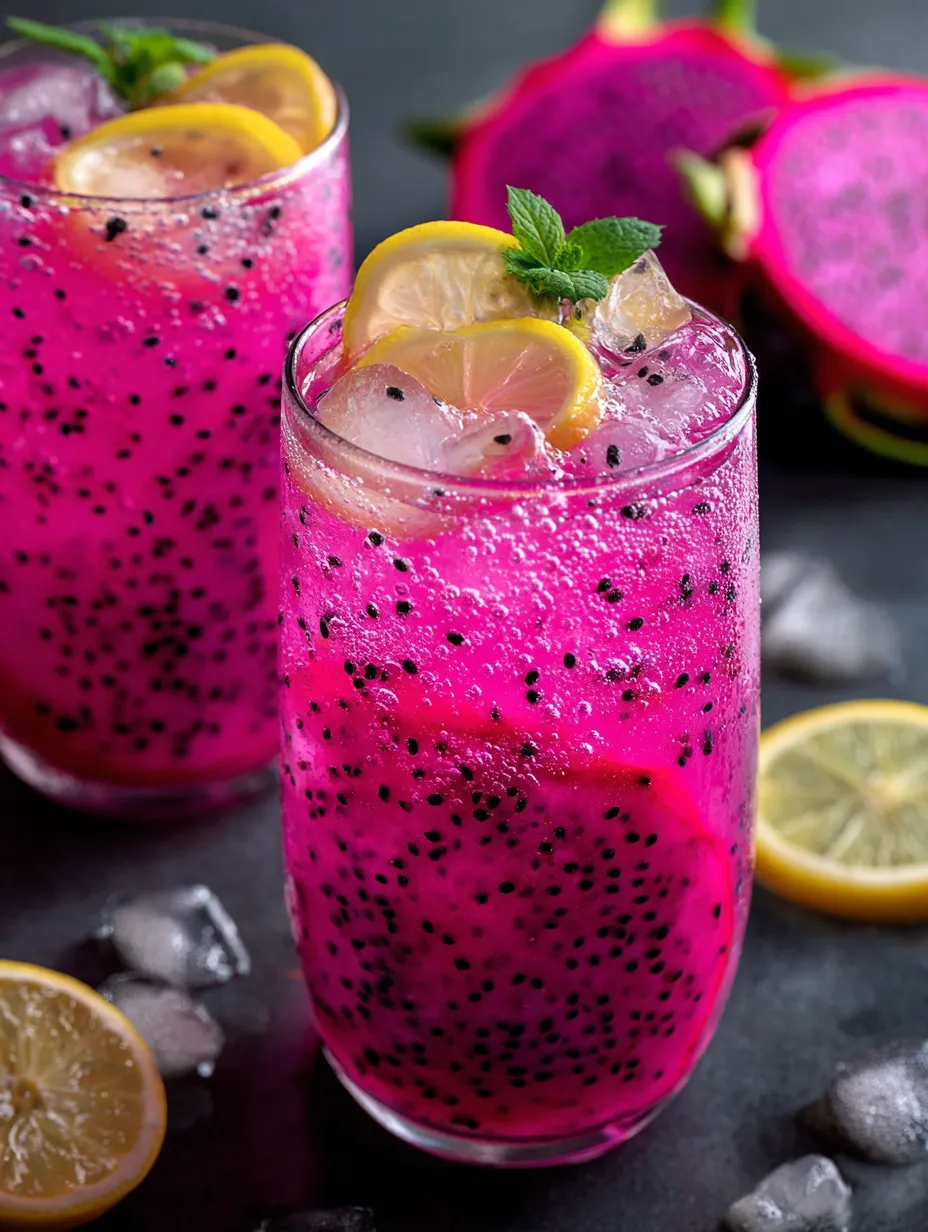 Ein Glas pinkfarbenes Getränk mit Zitronenscheiben obenauf.