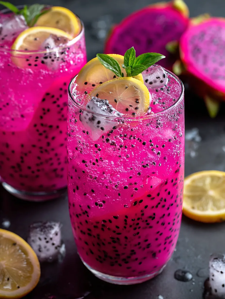 Ein Glas pinkfarbenes Getränk mit einer Zitronenscheibe oben drauf.