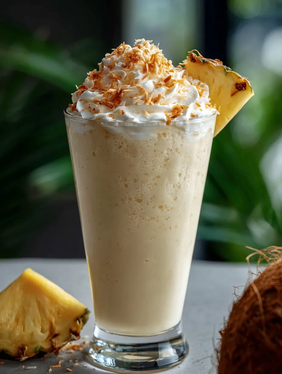 Ein Glas Ananas-Whip mit Ananasstück daneben.