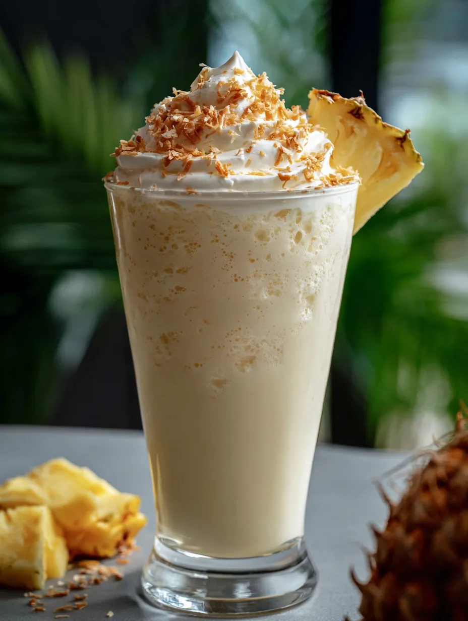 Ein Glas Ananas-Whip mit einem Ananasstück als Deko.
