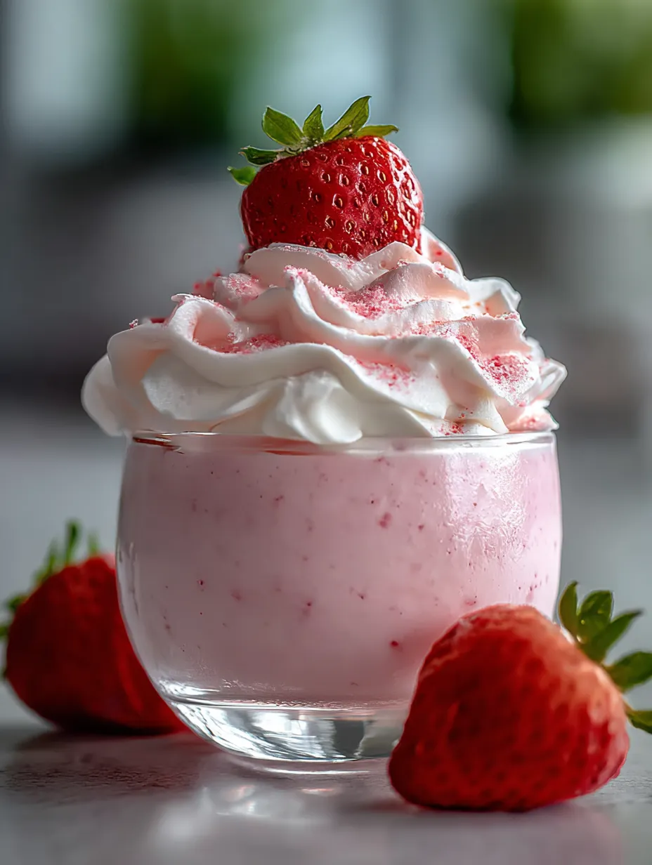 Ein Glas mit Erdbeer-Sahne-Dessert.