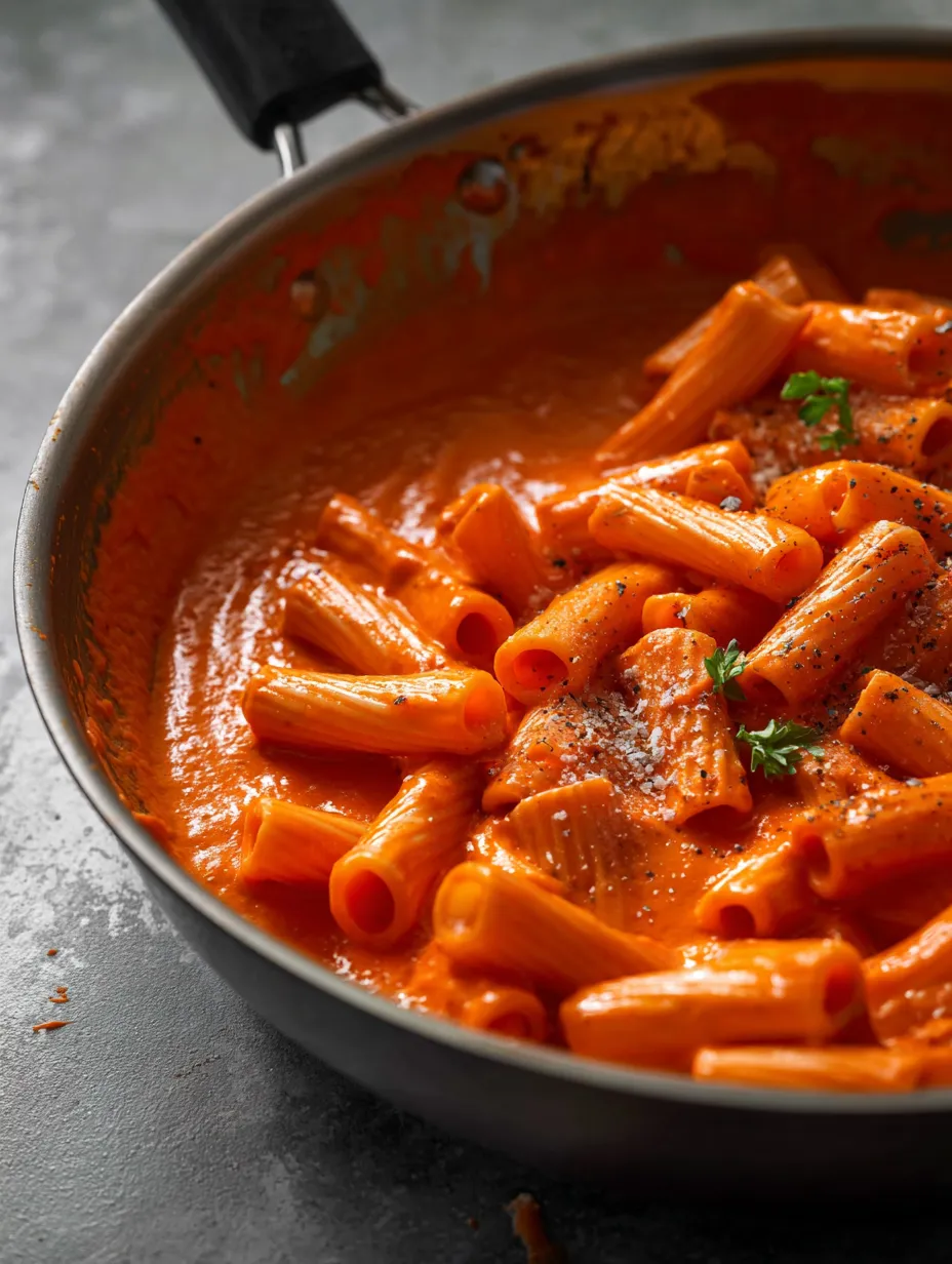 Eine Pfanne mit Pasta in roter Soße.