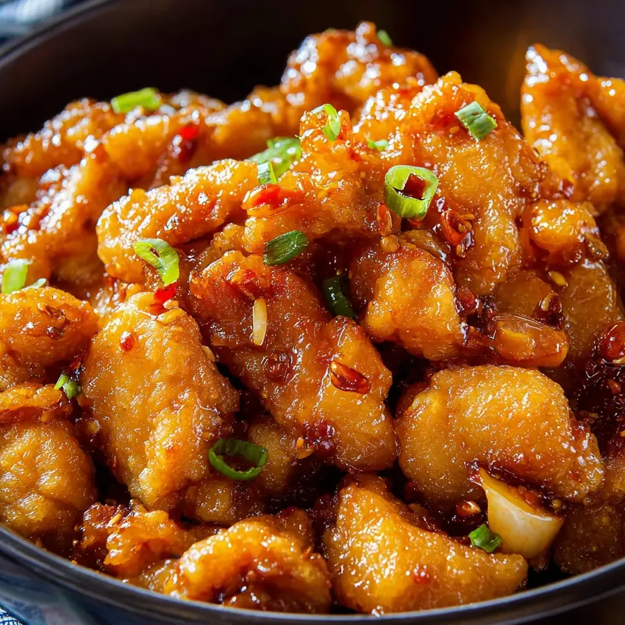 Eine Schüssel Hähnchen mit Frühlingszwiebeln.