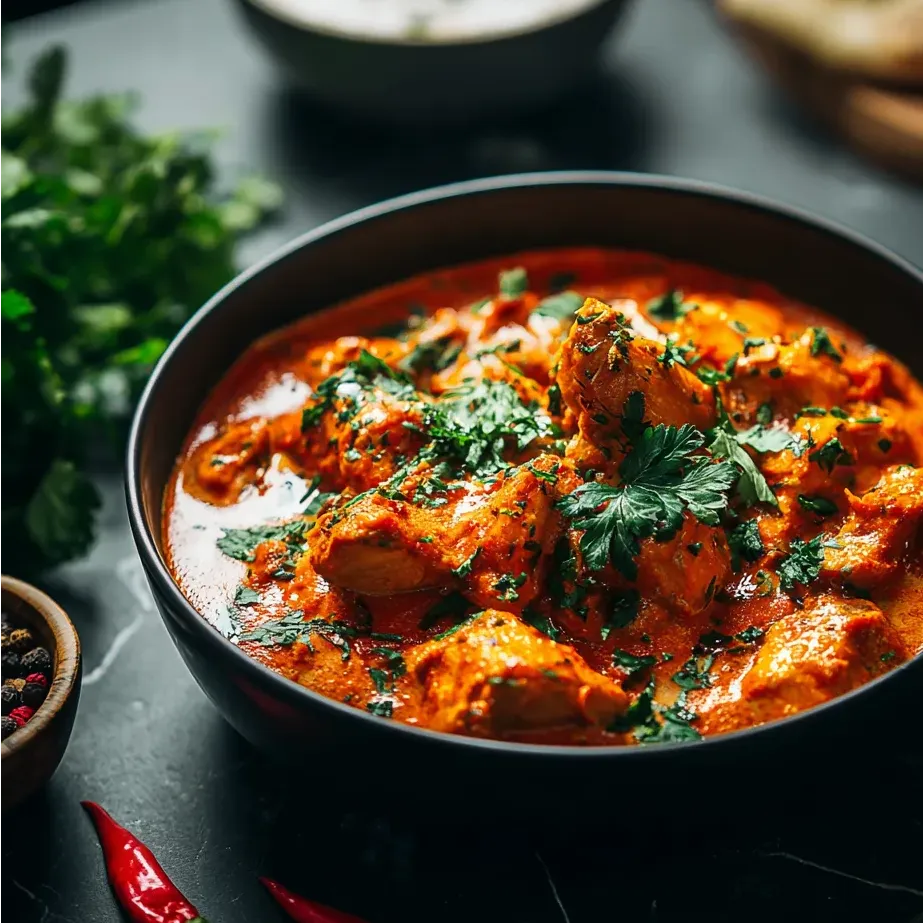 Eine Schale Butter-Huhn mit grünem Koriander obendrauf.