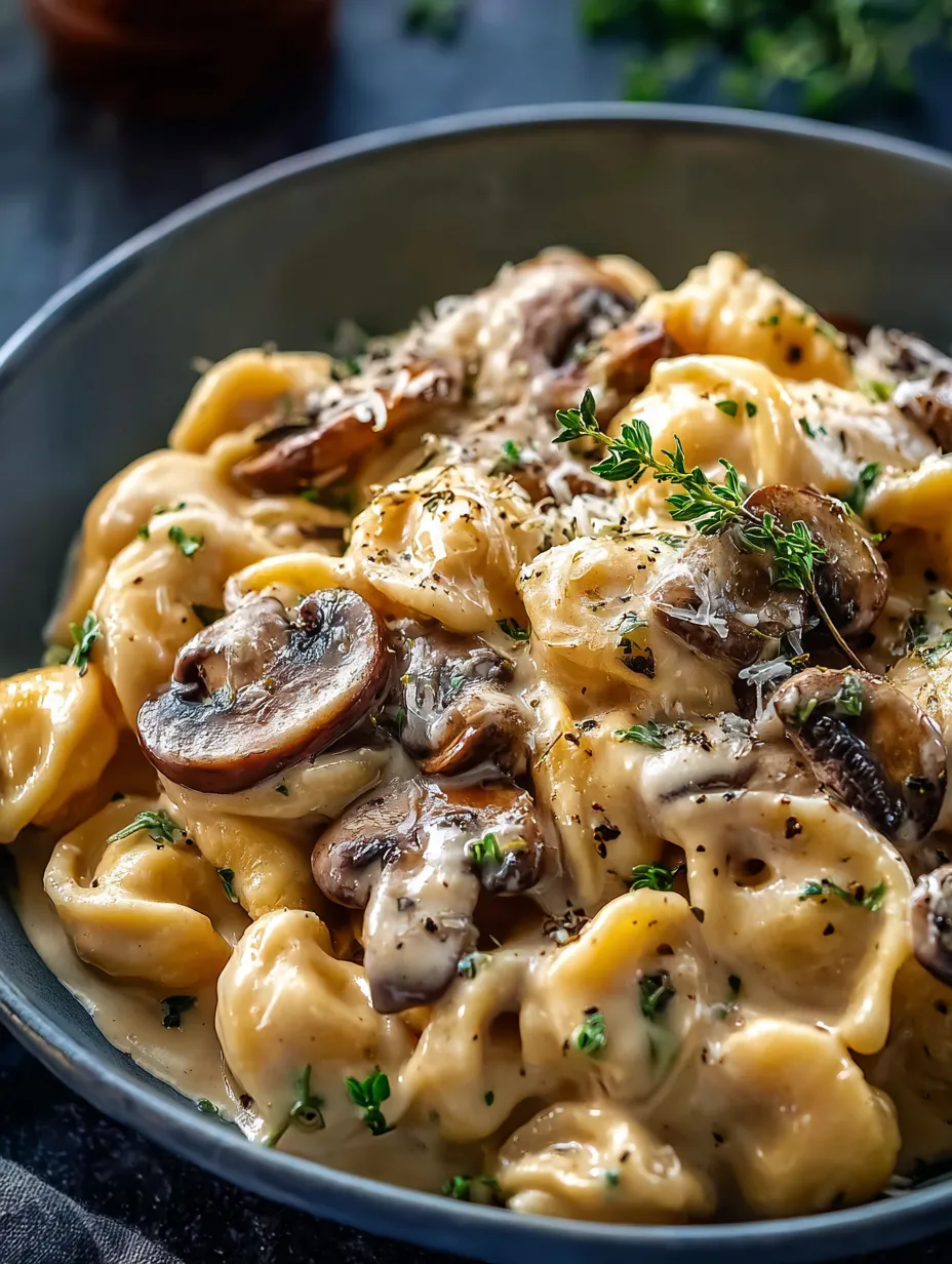 Eine Schüssel Pasta mit Pilzen und Käse.