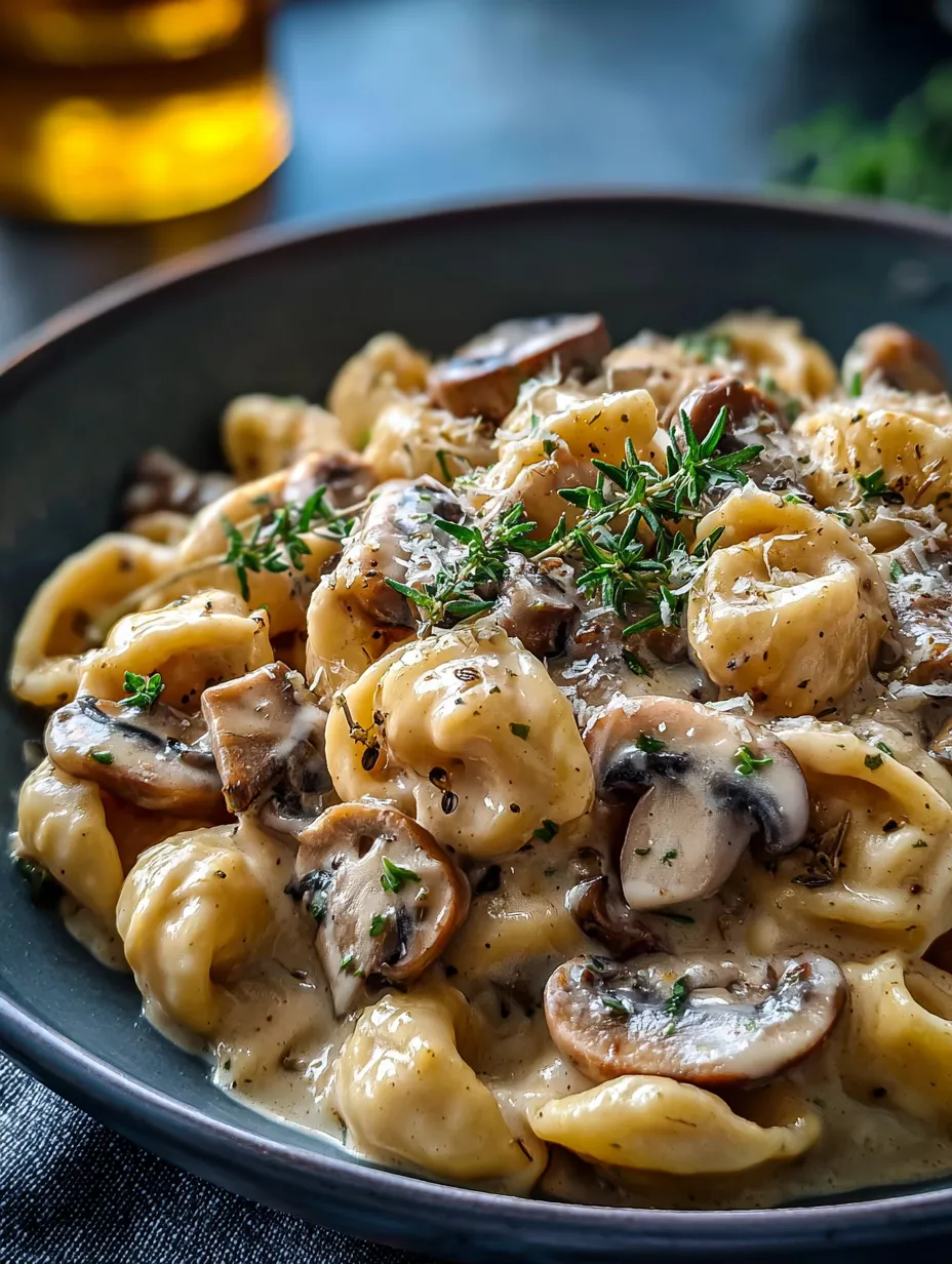 Eine Schüssel Pasta mit Pilzen und Kräutern.