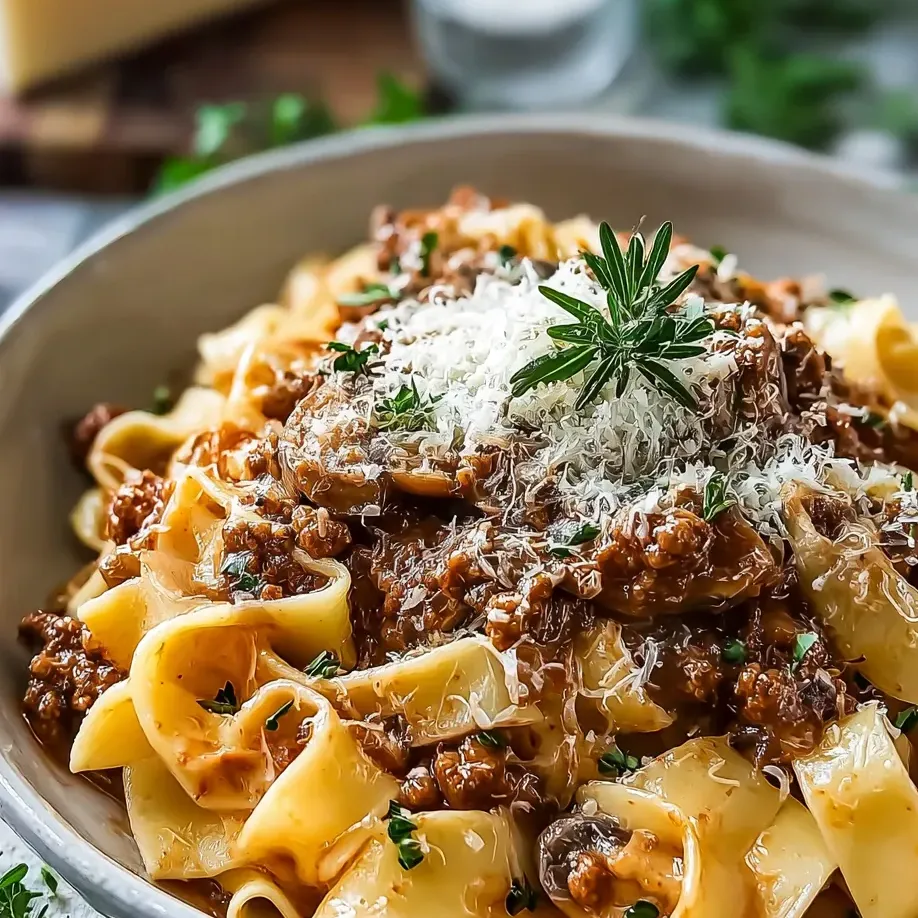 Schüssel Pasta mit würziger Fleischsauce und geriebenem Käse.