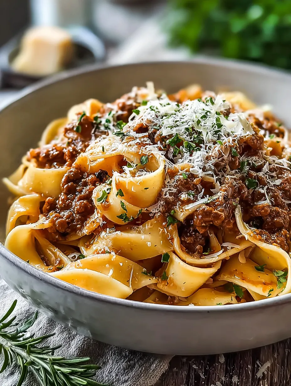 Eine Schüssel Pasta mit Fleischsoße und Käse.