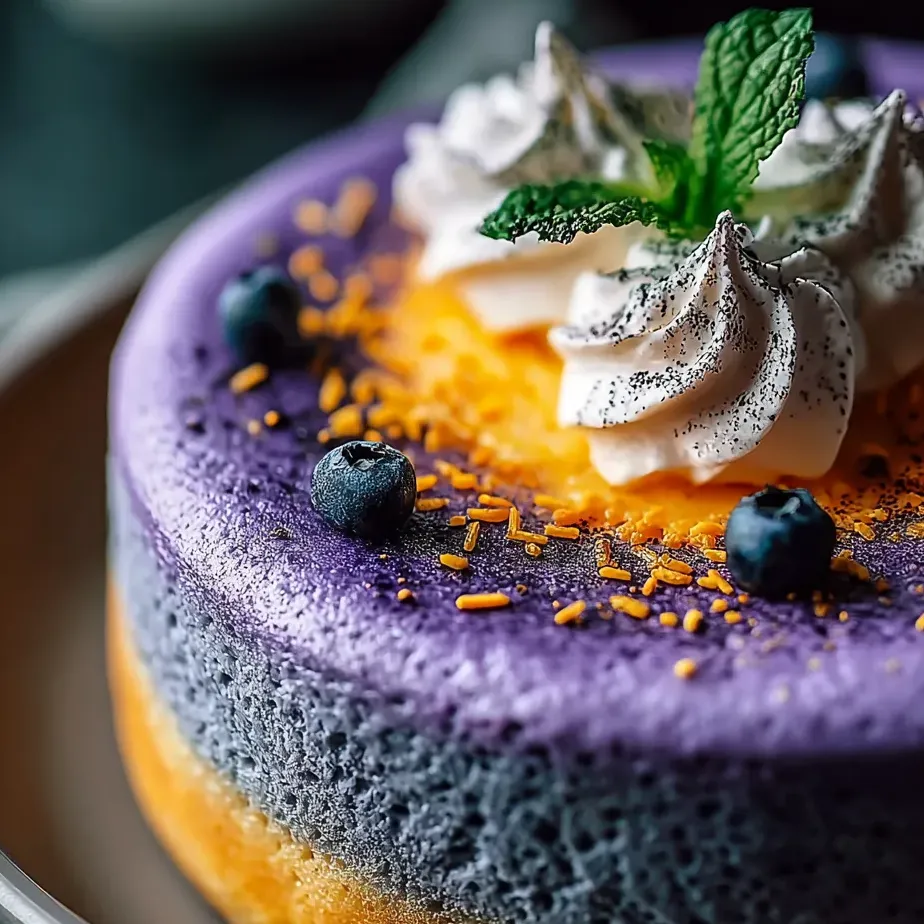 Ein Stück Kuchen mit Blaubeeren und Sahne.