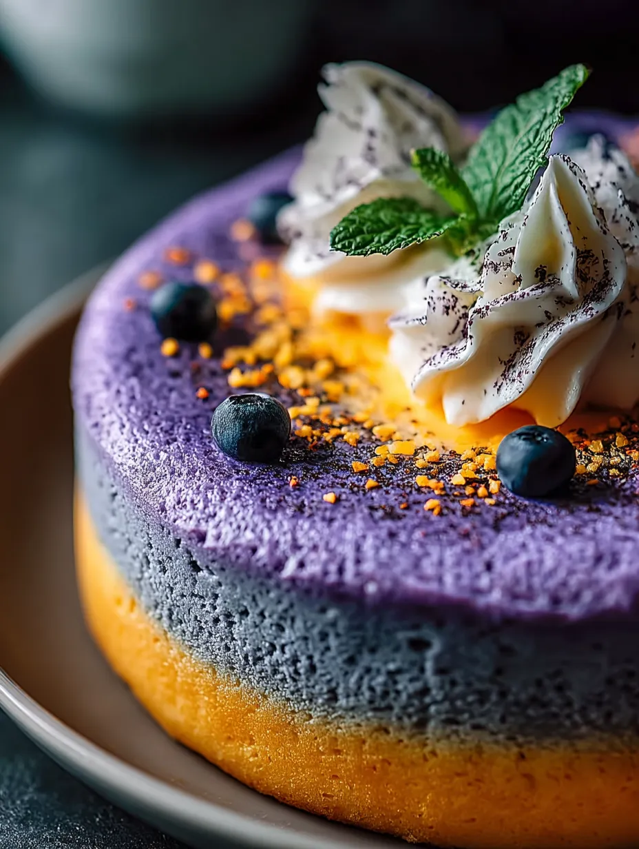Ein Stück Kuchen mit Blaubeeren und Sahne.