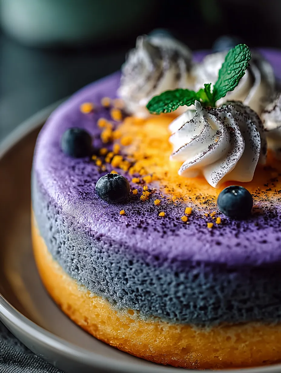 Ein Stück Kuchen mit Blaubeeren und Sahne.