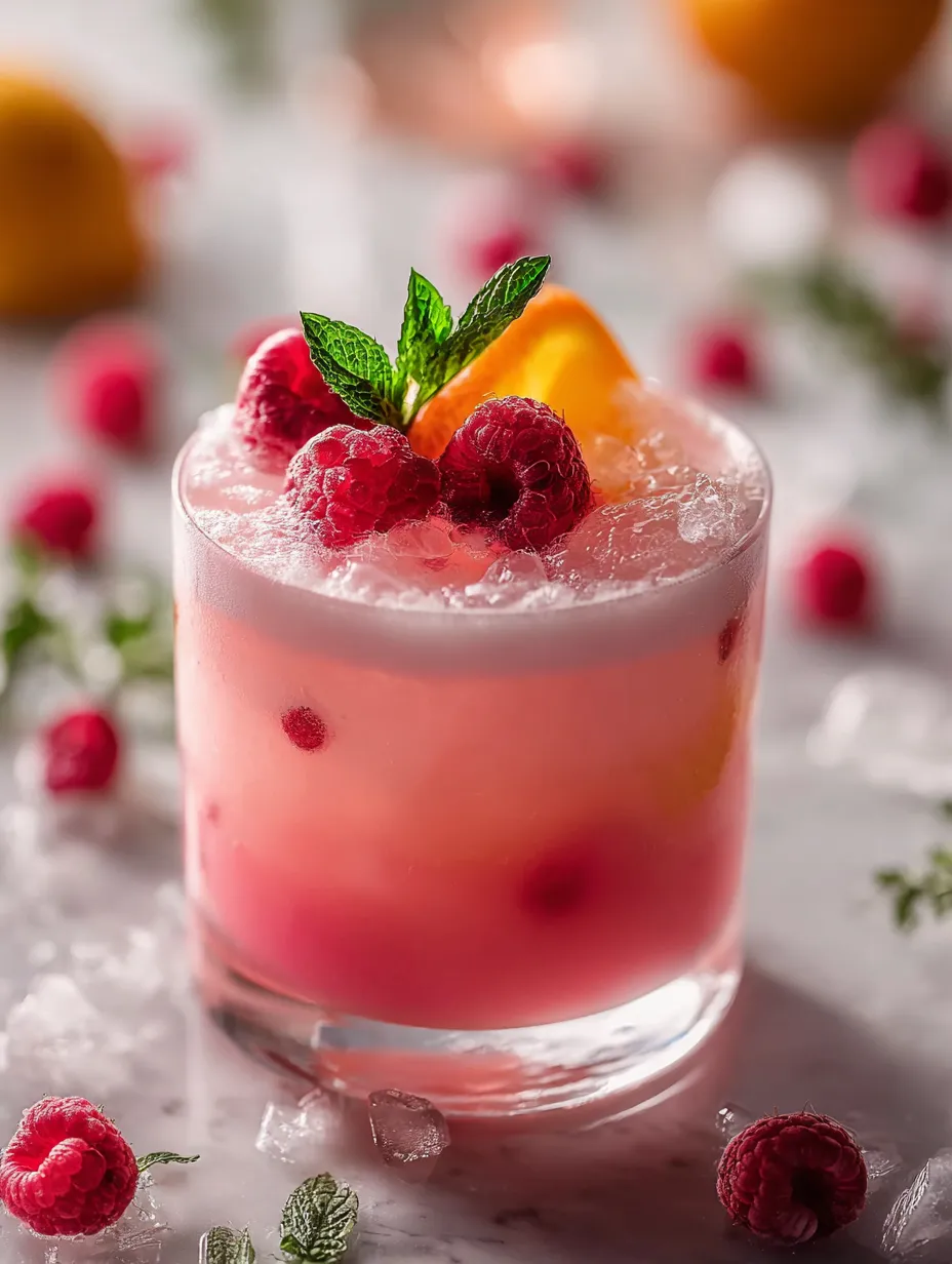 Ein Glas mit pinkem Drink und einer Himbeere oben drauf.