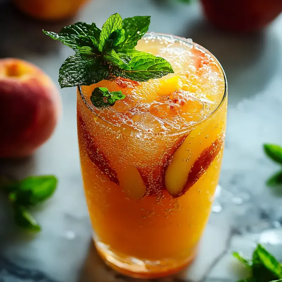 Ein Glas Orangen-Limo mit Minzblatt.