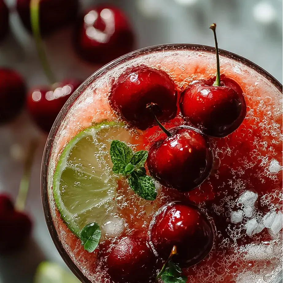 Ein Glas Kirschsaft mit Kirsche oben drauf.