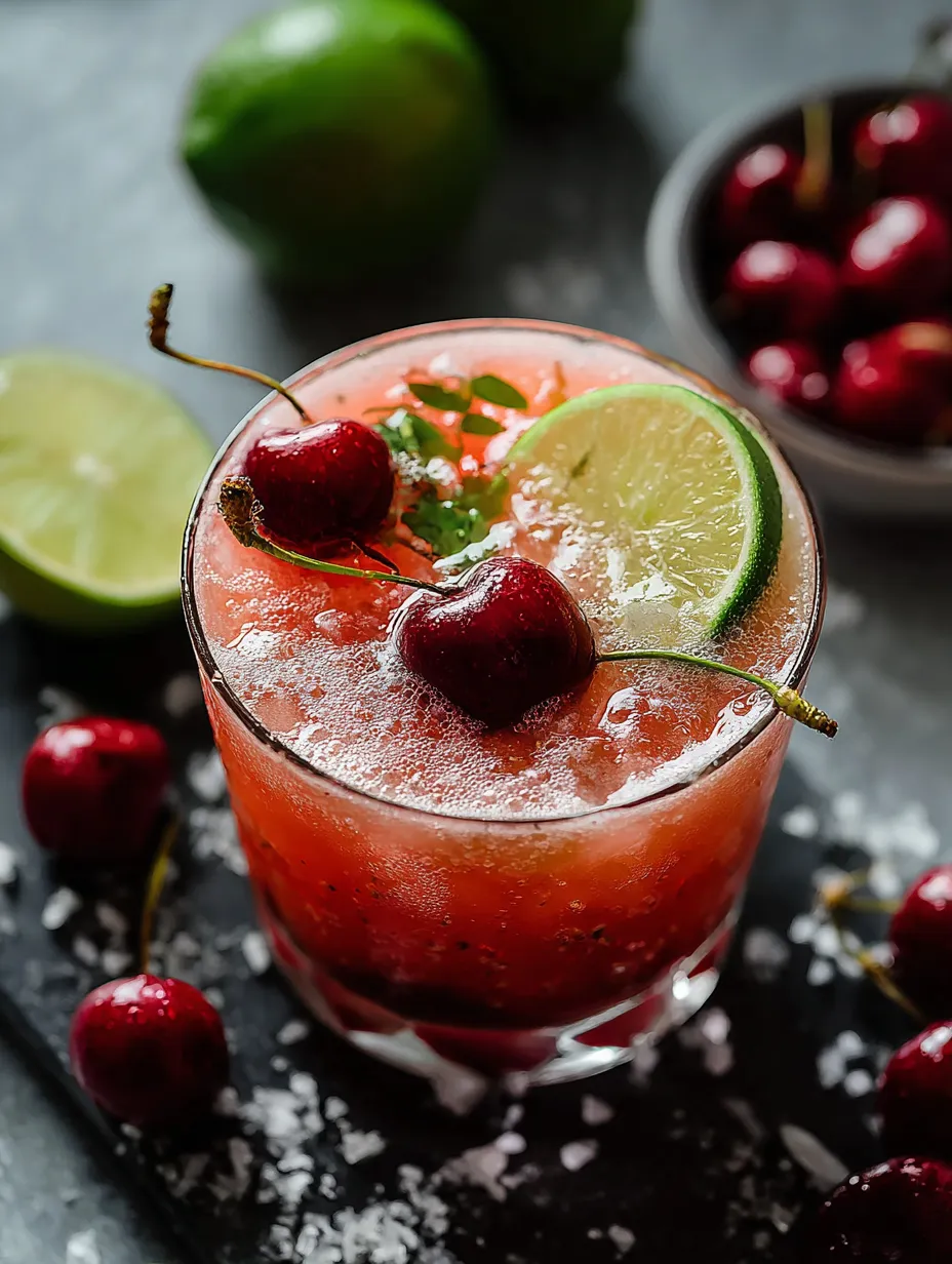 Ein Glas roter Saft mit Kirschen obendrauf.
