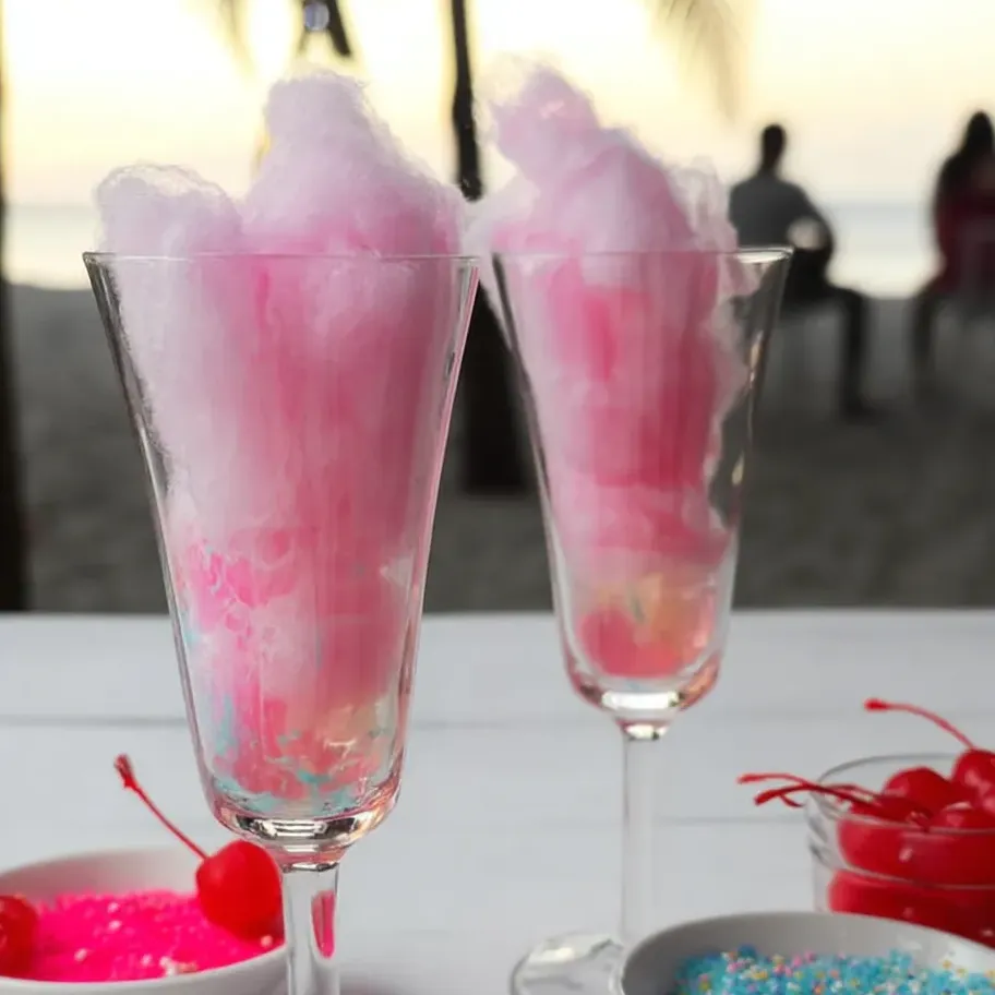 Zwei Gläser mit pinker Zuckerwatte.