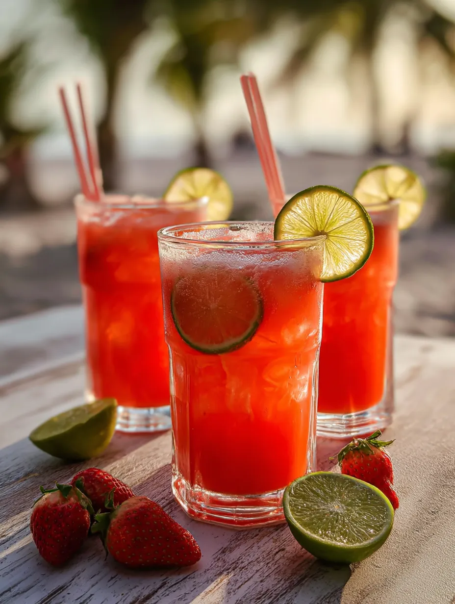 Zwei Gläser mit rotem Drink Limetten und Erdbeeren.