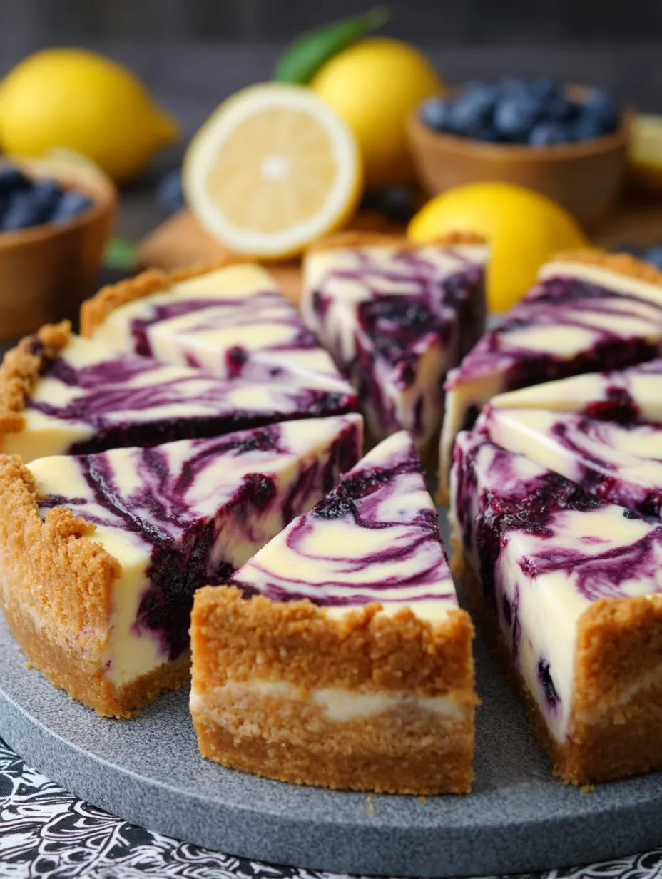 Ein Stück Heidelbeer-Käsekuchen mit Zitronenschnitz daneben.