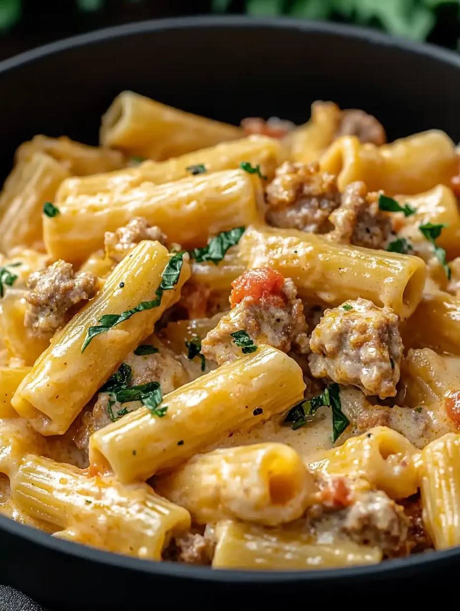 Eine Schüssel Pasta mit Fleisch und Tomaten.