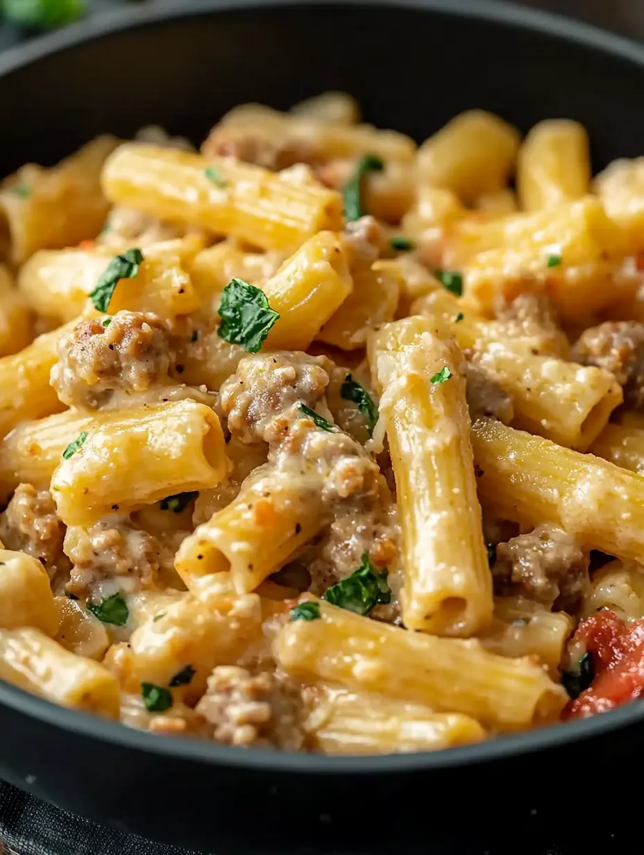 Eine Schüssel Pasta mit Wurst und Gemüse.