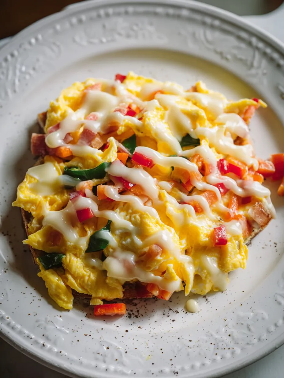 Ein Frühstücksteller mit geschmolzenem Käse und Tomaten.