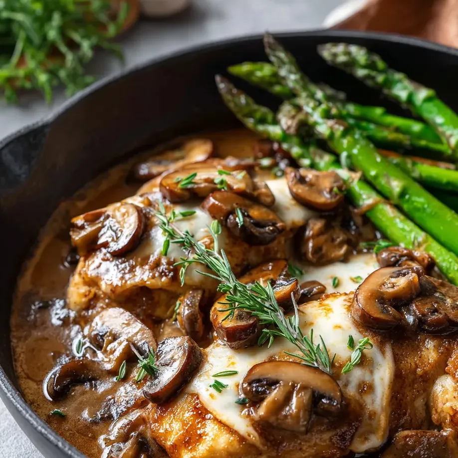 In der Pfanne: Hähnchen mit Pilzen und Spargel.